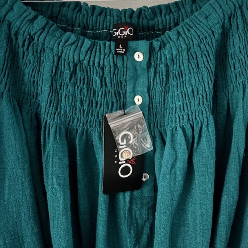 GiGiO USA Green Blue Peasant Top L Puff Sleeve Feminine Festival Flattering NWT - Picture 7 of 7
